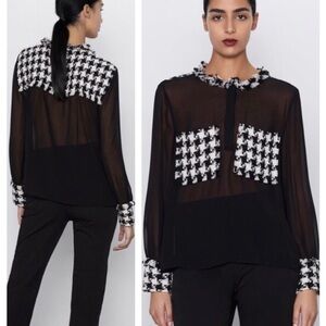 Zara Sheer Houndstooth Tweed Combination Long Sleeves Black White Blouse size S